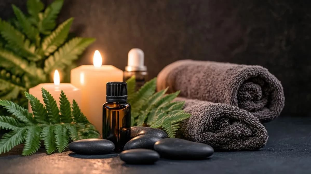 Spa candles, essential oil, ferns, stones, and rolled towels