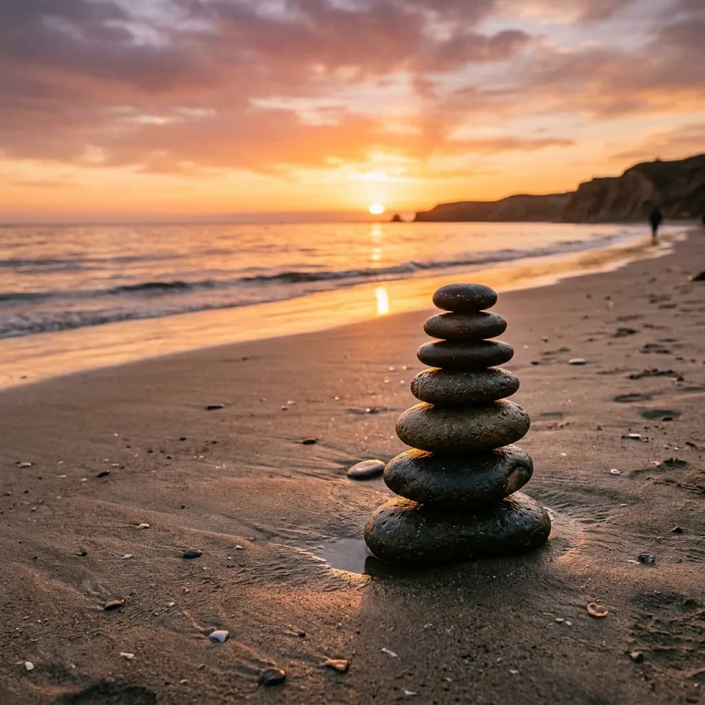 Stacked zen stones on a sandy beach at sunset