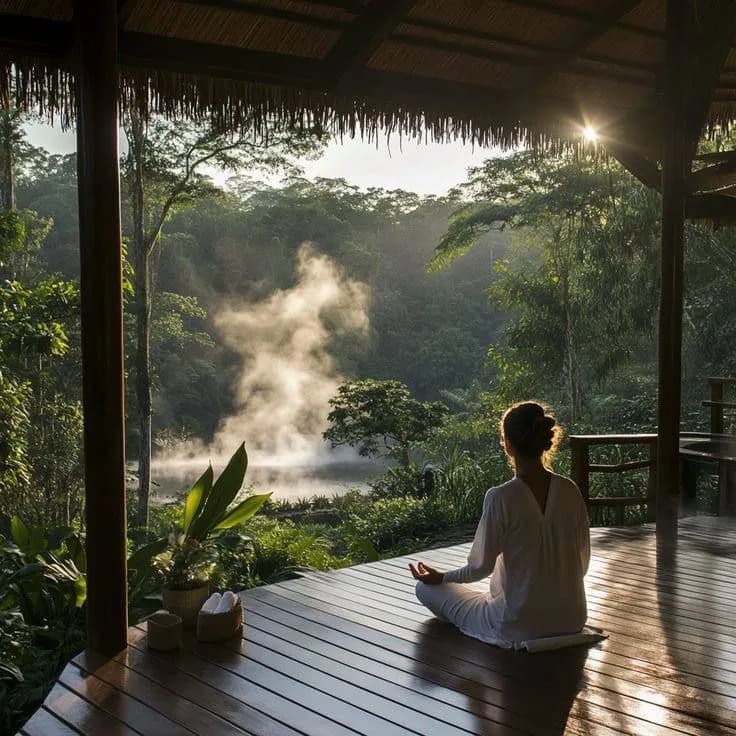 Woman meditating in a forest deck overlooking a geothermal hot spring